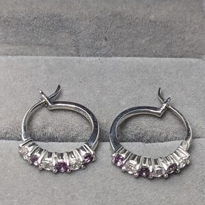 New Silver 925 Simulated Alexandrite White Topaz Rhodium Plated Hoop Earrings